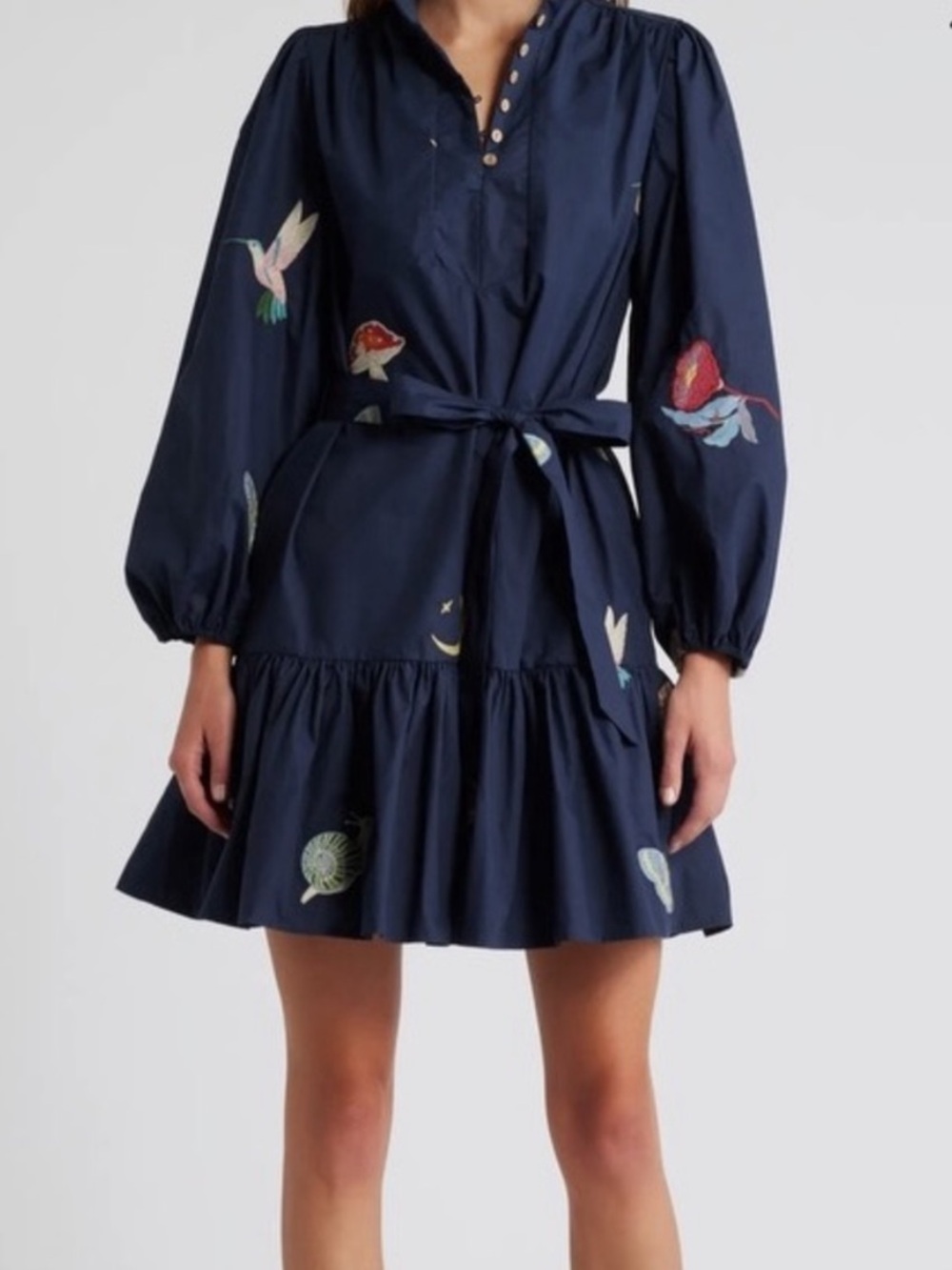 Ciebon Embroidered Navy Mini Dress with Waist Tie size M